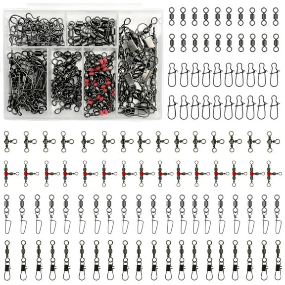 110Pcs Strong Fishing Snap Swivels Kit, Include Rolling Barrel Swivels, Premium 3 Ways Fish Line Connector with Snaps Clips, Fishing Terminal Accessories Tackle Box for Lures Sinkers