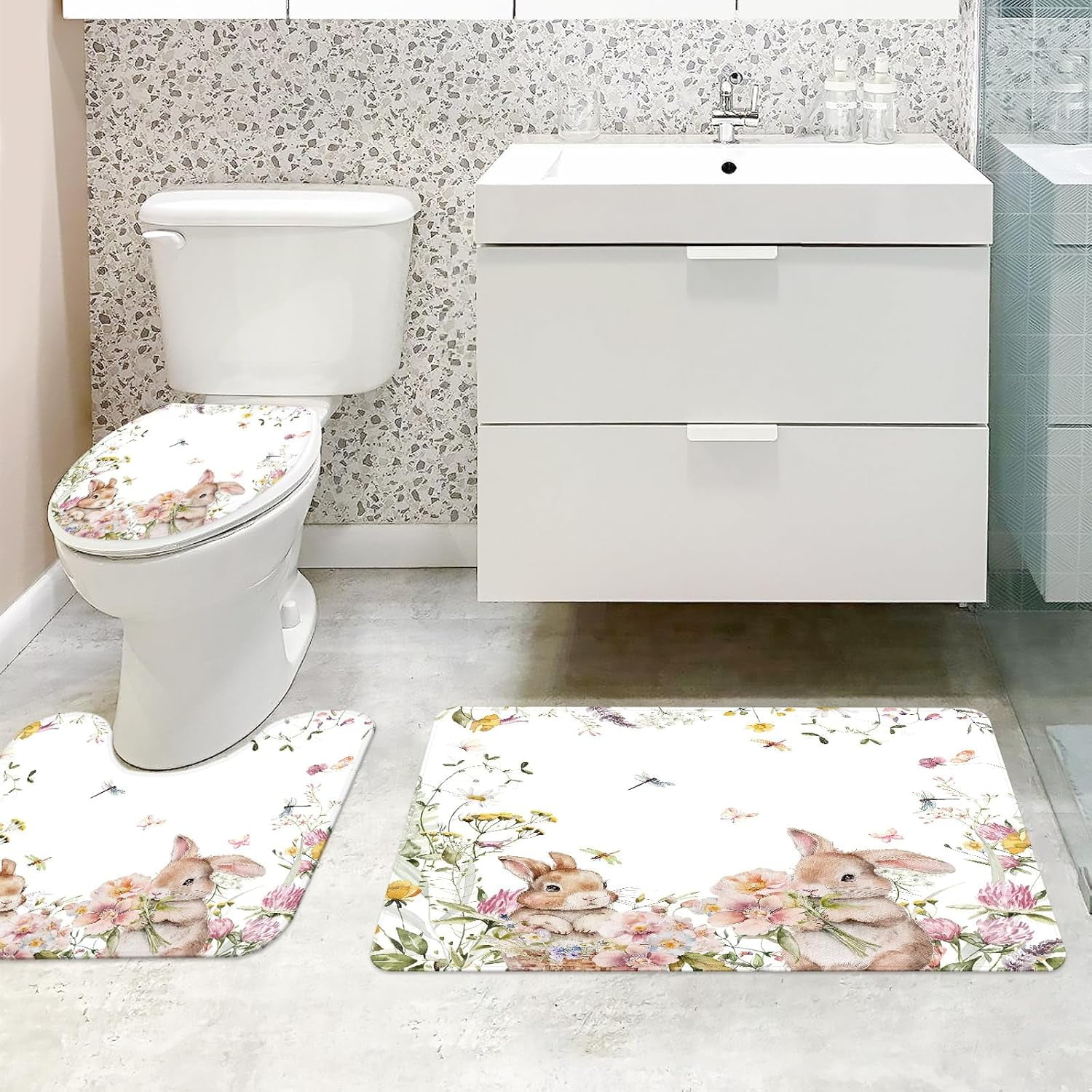 4pcs Easter Shower Curtain Sets with Non-Slip Rugs Toilet Lid Cover and Bath Mat Bunny Easter Bathroom Curtain Decor Set with 12 Hooks Waterproof Shower Curtain Set for Bathroom