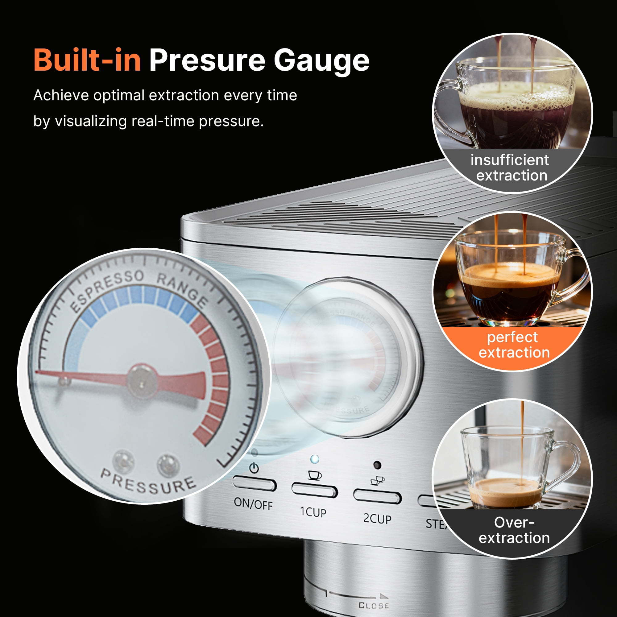 Espresso Machine 15 Bar, Espresso Coffee Maker with Milk Frother and Hot Water, 47 Oz Removable Water Tank and Brew Pressure Gauge for Office Home Kitchen