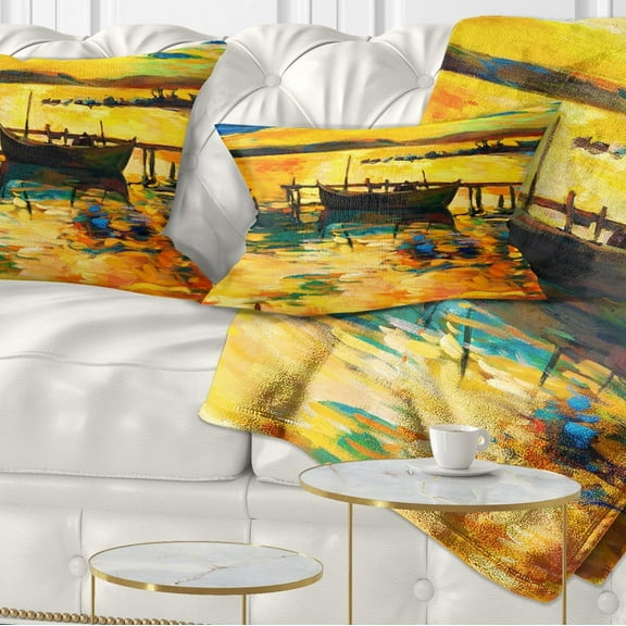 Designart Boat and Pier in Yellow Shade - Seascape Throw Pillow - 12x20