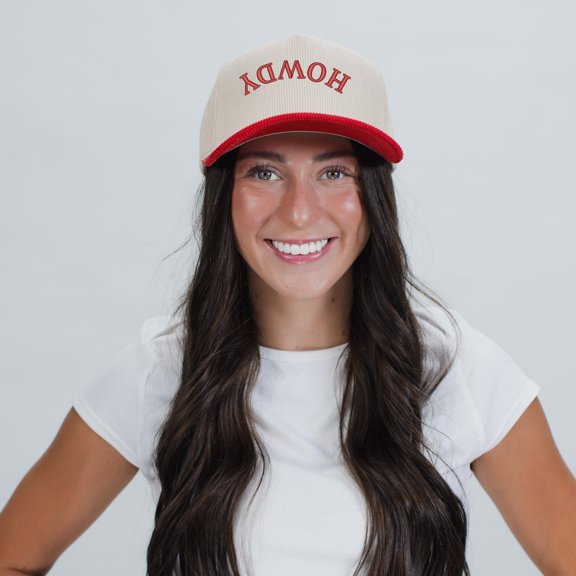 Embroidered Howdy Upside Down Arch - Women's Corduroy Trucker Hat