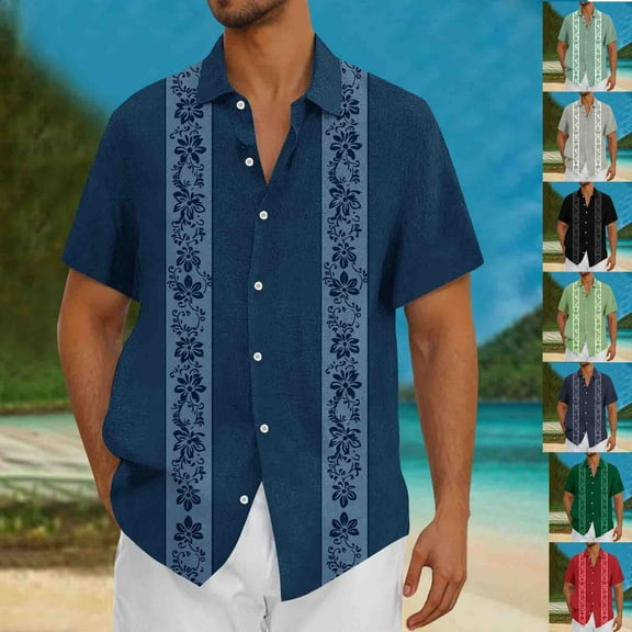 Fengqque Men's Fashion Casual Plant Flower Hawaiian Shirt Printed Button Short Sleeve Lapel Shirt Red 8(XL)