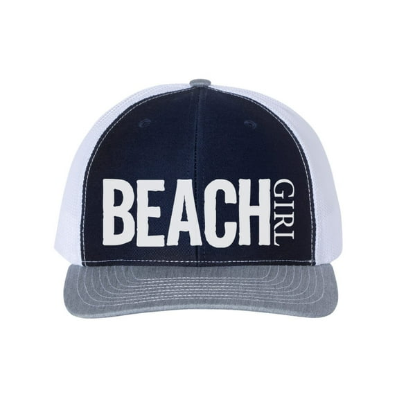 Beach Girl, Beach Hat, Snapback, Gift For Her, Women's Beach Hat, Ocean Lover, Mom Cap, Vacation Hat, Vacay, Trucker Hat, White Text, Navy/White/Heather