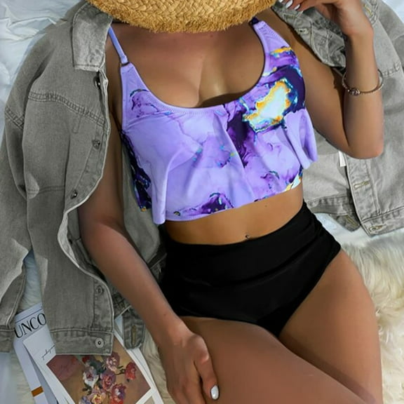 Tponi Modest Swimsuits For Women Two-Piece Sets Elastic Purple Swimsuit Clearance Push Up L