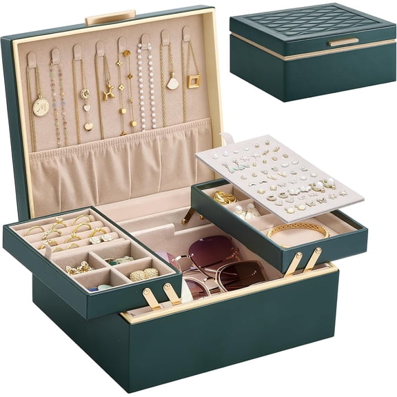 2-Layer Jewelry Organizer Box and Storage for Necklace/ Earrings/ Rings/ Bracelets -DarkEmerald