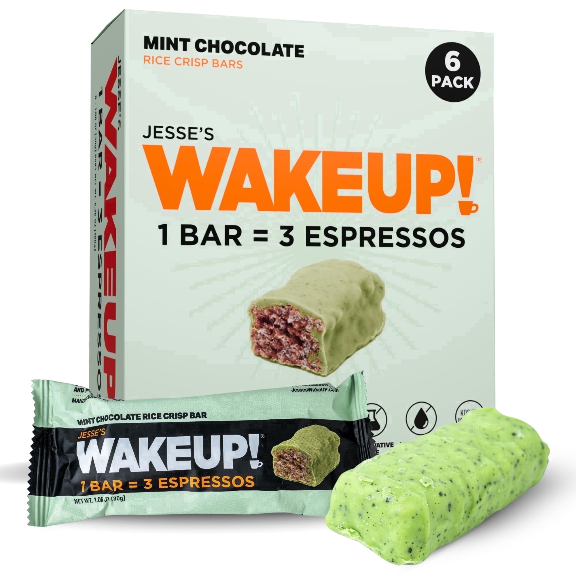 WakeUP! Mint Chocolate Caffeinated Protein Bars – Proprietary Blend with 350mg Natural Caffeine (1 Bar = 3 Espressos) – Gluten-Free, Vegetarian, Kosher, Energy Snack for Focus & Clarity (6 Pack)