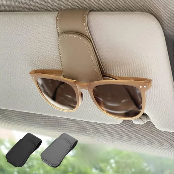 2 Pack Magnetic Leather Sunglass Holder, Eyeglass Hanger Clip for Car Sun Visor, Suitable for Different Size Eyeglasses (Beige, 2 Pack)