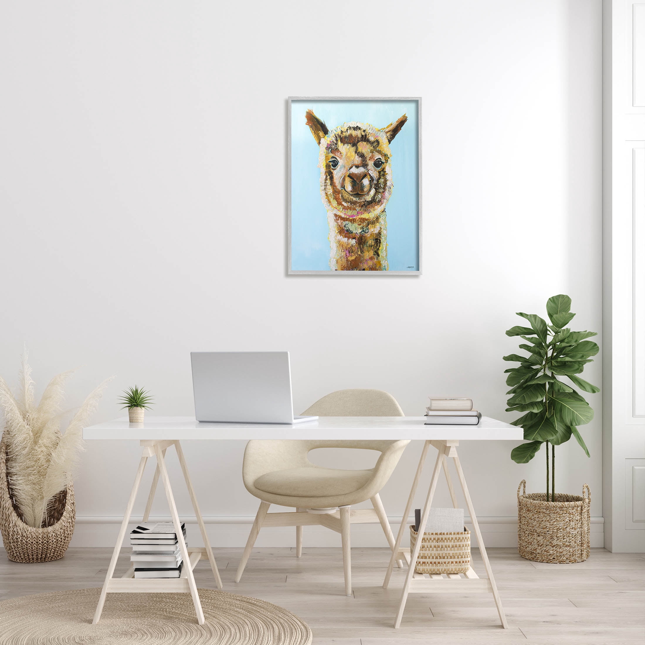 Happy Llama Farm Animal Face Animals & Insects Painting Gray Framed Art Print Wall Art