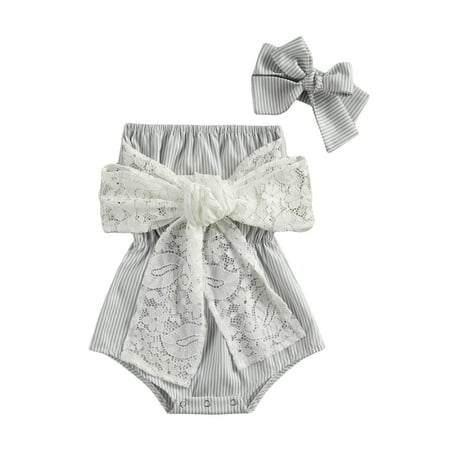 

Gwiyeopda Infant Baby Girl Romper Ruffle Sleeveless Off Shoulder Lace Bodysuit with Bow Outfits