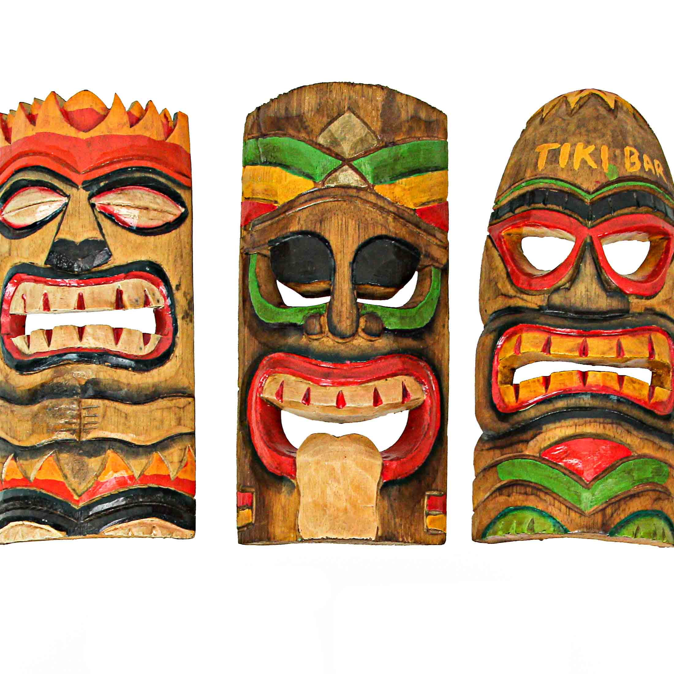 Set of 10 Hand-Carved Wood Polynesian Design Hawaiian Tiki Wall Set of 10 Hand-Carved Wood Polynesian Design Hawaiian Tiki Wall