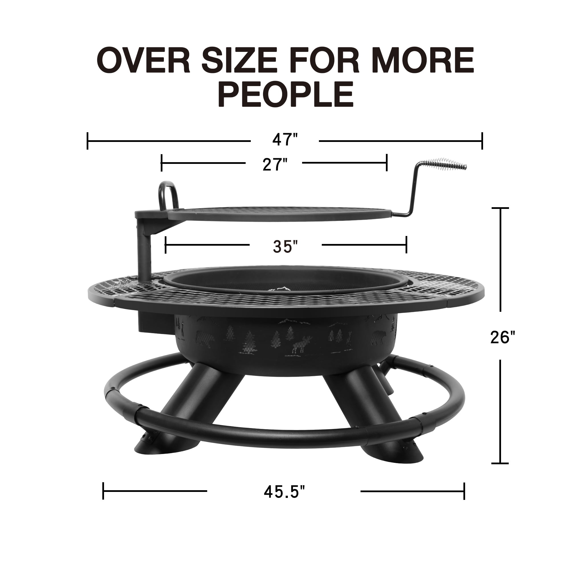 Bestier 47" Fire Pit for Outside Wood Burning, Extra Large BBQ Pit with Cooking Grill Grate, Patio Round Metal Fireplace for Camping, Backyard, Bonfire Picnic Party, Forest Style