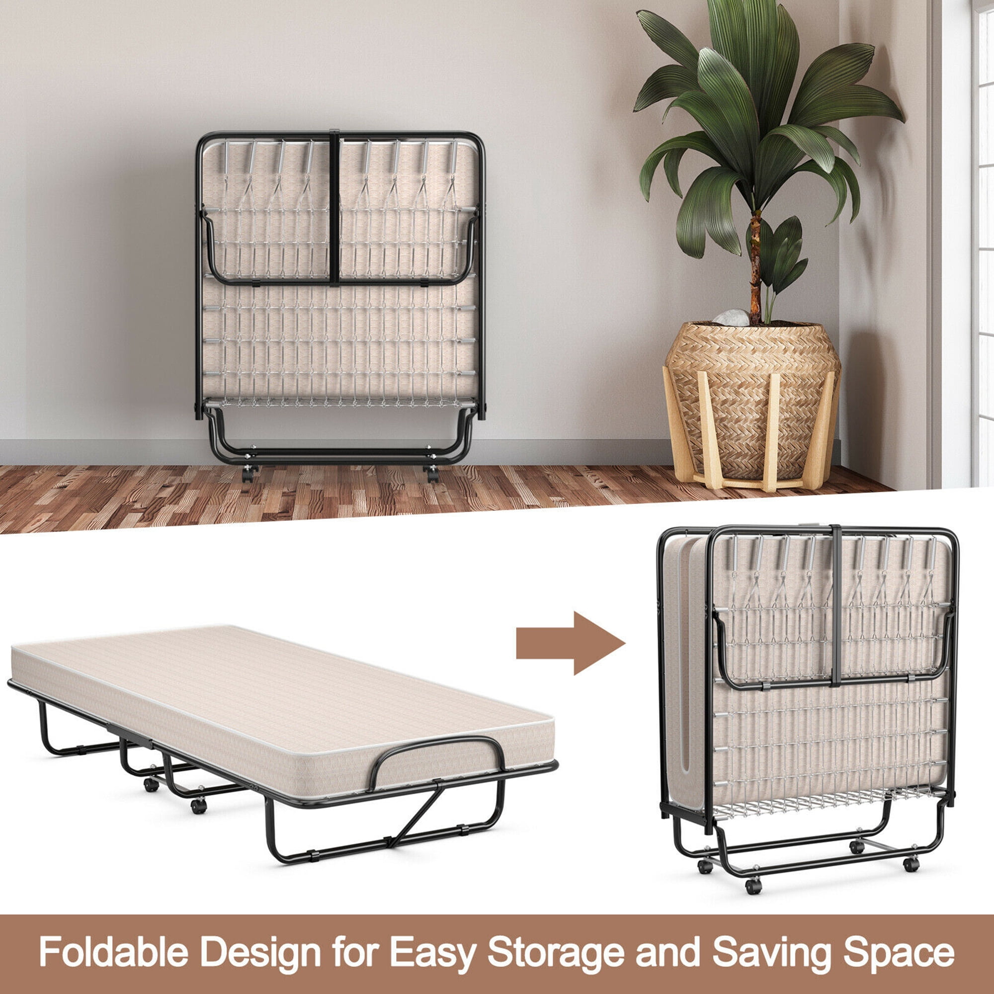 Gymax Folding Bed with Mattress Portable Rollaway Guest Cot Memory Foam Beige