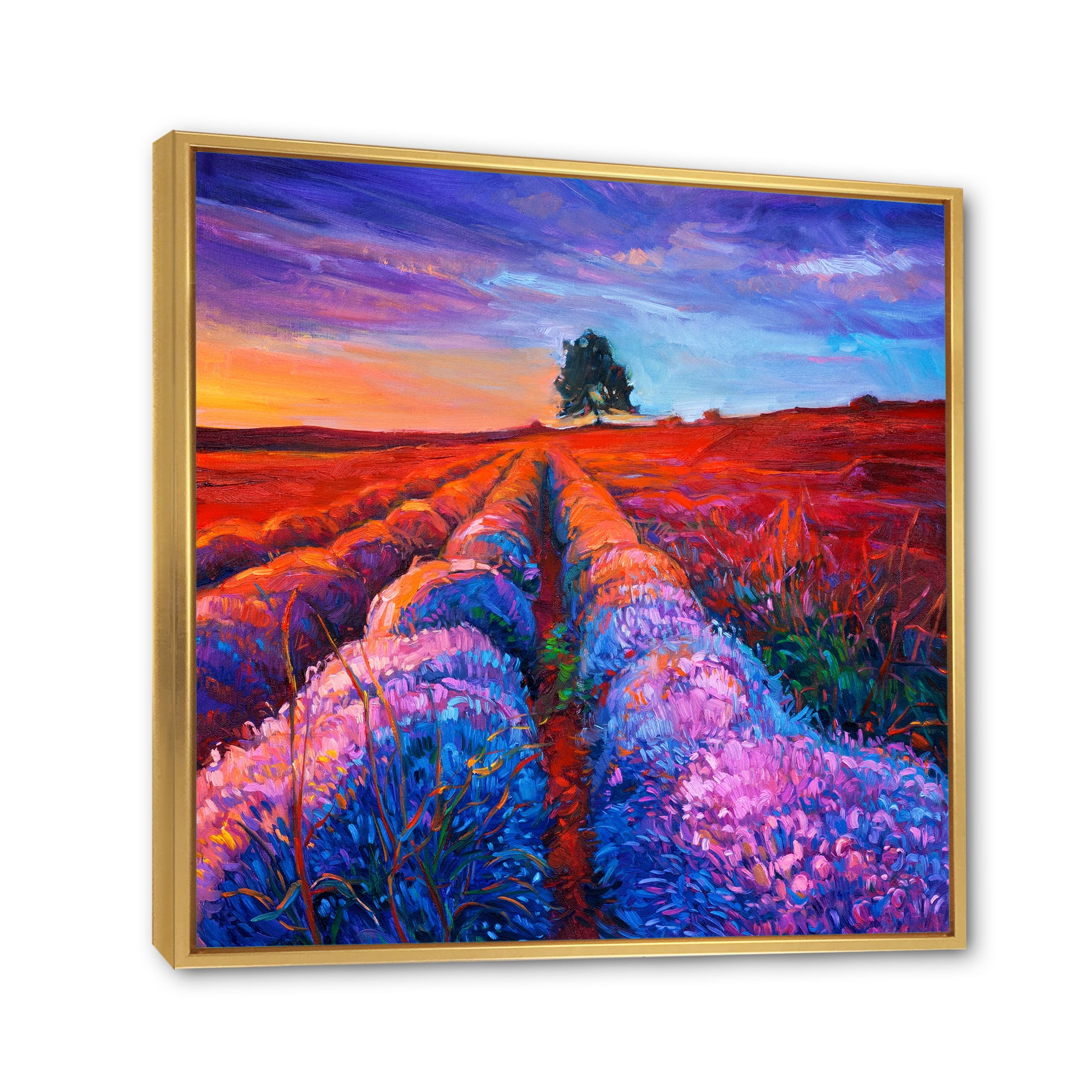 Designart 'Lavender Fields With Distant Tree & Sunset Glow' Farmhouse Framed Canvas Wall Art Print