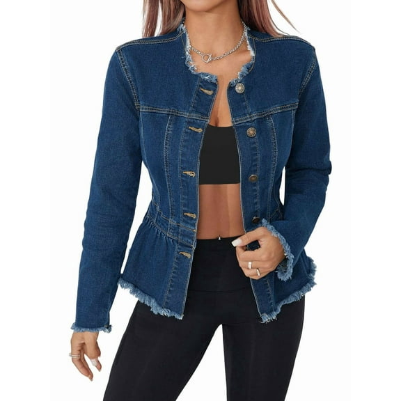 Women'S Plus Size Premium Denim Premium Bodice Long Sleeve Jacket Dark Blue L