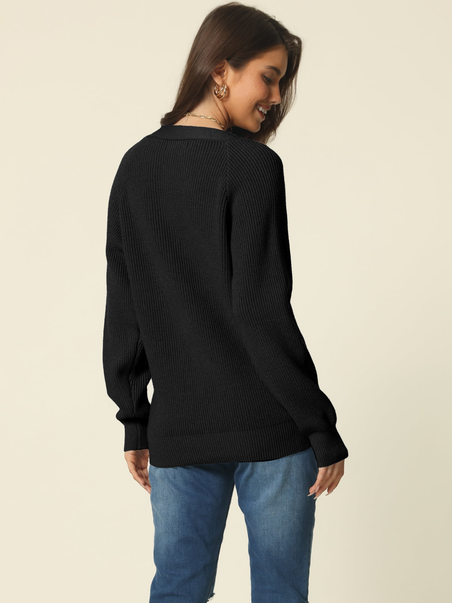 Women's V Neck Button Up Long Sleeve Ribbed Knit Loose Chunky Warm Pullover Sweater Top M Black