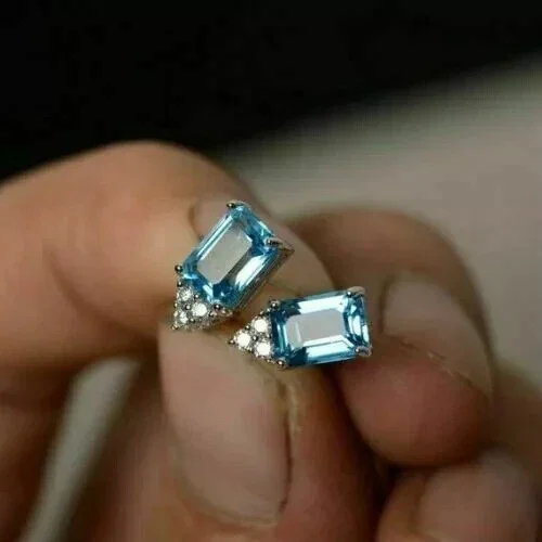 3Ct Emerald Cut Aquamarine Solitaire Women's Stud Earrings 14K White Gold plated