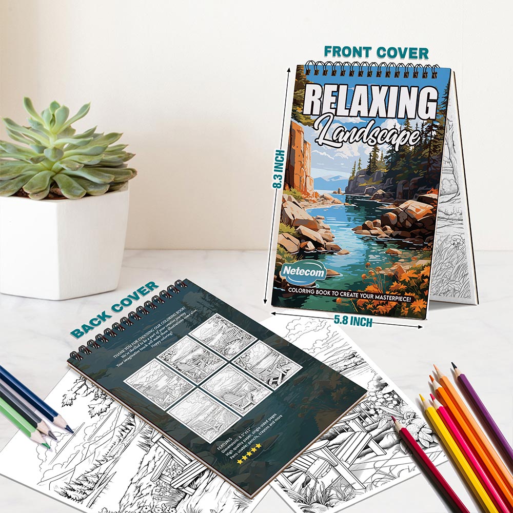 Netecom Relaxing Landscape Coloring Book Spiral Bound for Adults, A5 Wooden Cover, 30 Tranquil Scenes Coloring Pages of Peaceful Moments for Stress Relief and Relaxation