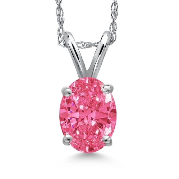 Gem Stone King 10K White Gold Fancy Pink Zirconia Pendant Necklace for Women | 0.76 Cttw | Gemstone Birthstone | Oval 7X5MM | With 18 inch Chain