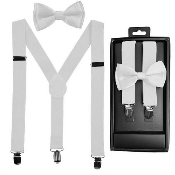 White KIDS TODDLER CHILD BOXED GIFT SET SUSPENDERS and BOW TIE MATCHING Tuxedo Party