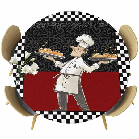 Chef Round Tablecloth Fitted Table Cover with Elastic for 36 -44 Round Tables Cartoon Cute Watercolor Cooking Red Black Table Cloth Outdoor Indoor Dinning Party Waterproof Tablecloths