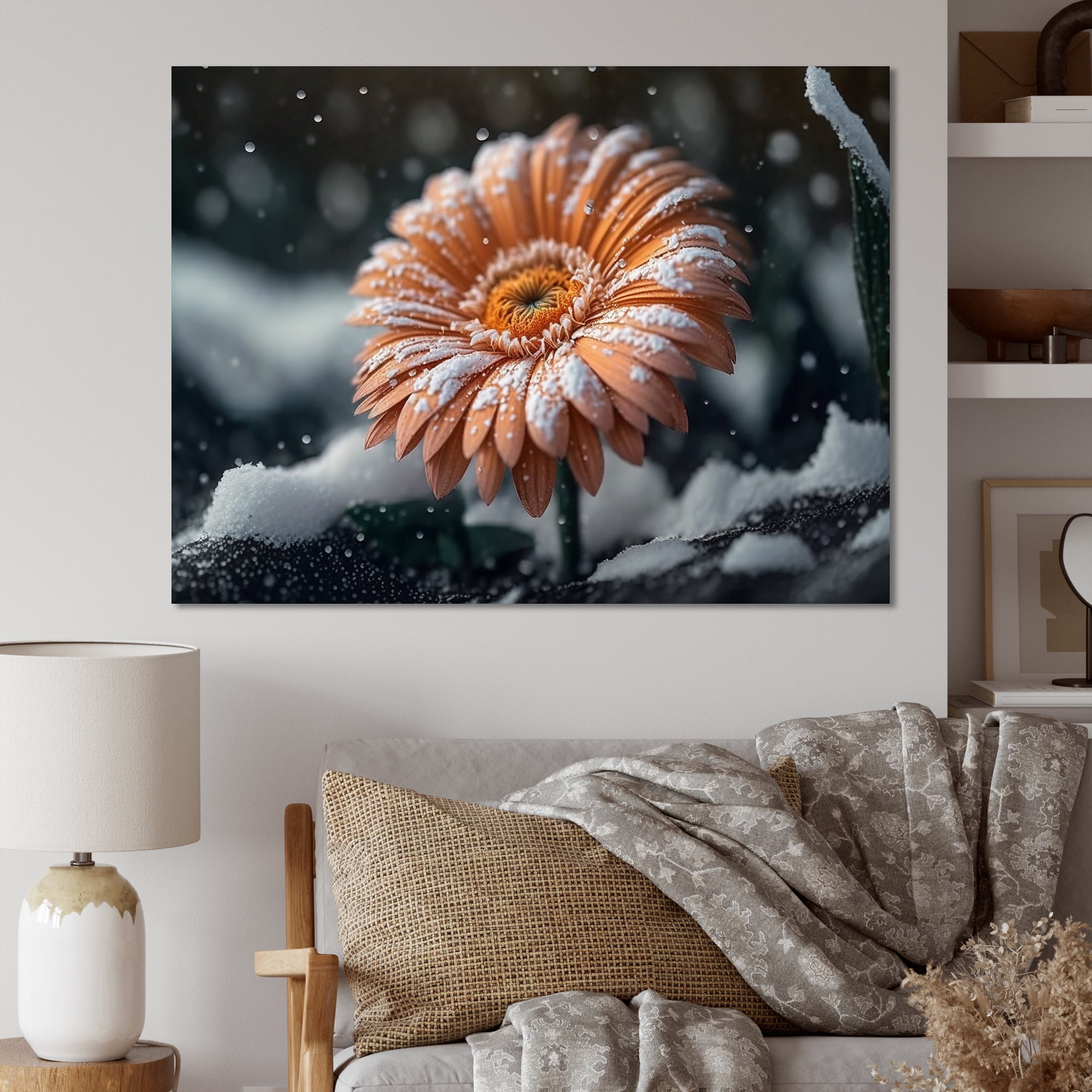 Designart A Blooming Light Orange Gerbera Flower In Winter I Canvas Wall Art