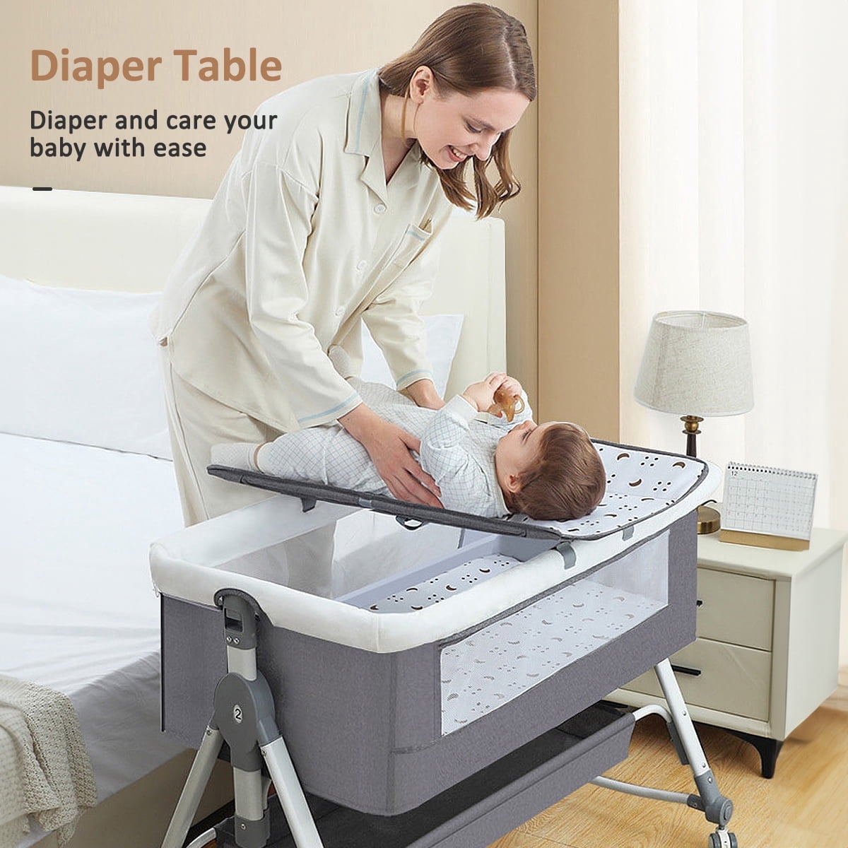 JieC 5-in-1 Baby Bassinet with Wheel,Adjustable Height Infant Bedside Crib with Diaper Table & Mosquito Net, Gray