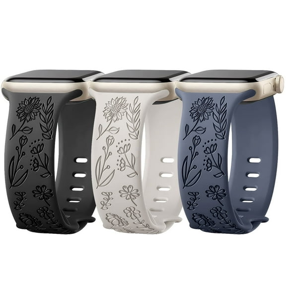 ZSOU 3 Pack Engraved Silicone Watch Bands for Apple Watch 38/40/41/42mm(Series 10) - Black, Cream, Deep Blue