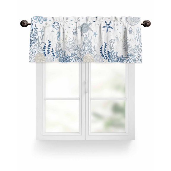 Blue Coastal Ocean Kitchen Valances for Windows Coral Sea Turtle Starfish Shell Valance Curtains  for Kitchen /Living Room/Bedroom/ Bathroom Decor, 54"x18 " ,Rod Pocket 1 Panel, White