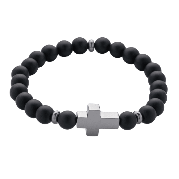 Pulsera Hombre Cruz LUCKMAN Jade Negro Acero Inoxidable Modelo Ezra Plateado UNITALLA
