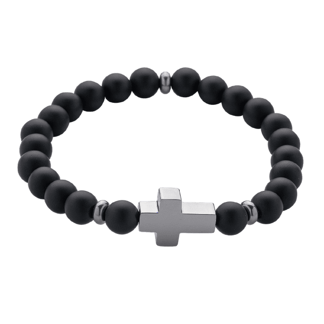 Pulsera Hombre Cruz LUCKMAN Jade Negro Acero Inoxidable Modelo Ezra Plateado UNITALLA