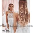 thumbnail image 5 of Vestidos de dama de honor con cuello transparente, azul claro, abertura lateral larga, apliques de encaje de gasa, cuello joya, sin mangas, boda en la playa, personalizado, 5 of 5