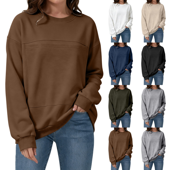 KDDYLITQ Womens Sweatshirt Long Sleeve Crewneck Loose Fit Basic Solid Casual Pullover Tops Y2k Work Trendy Sweatshirts with Front Pocket Coffee L