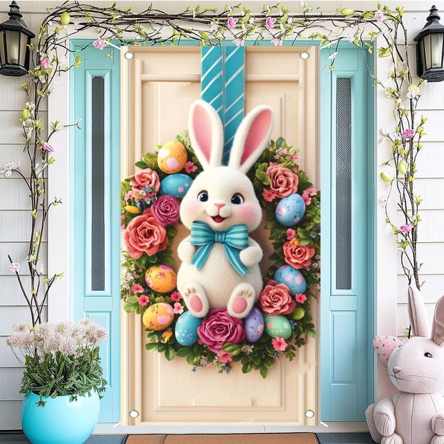 ddioayh Easter Door Cover for Outdoor Party Decoration Photo Prop Holiday Celebration Bunny Design Horizontal Door Curtain 1-Pack Easy Install