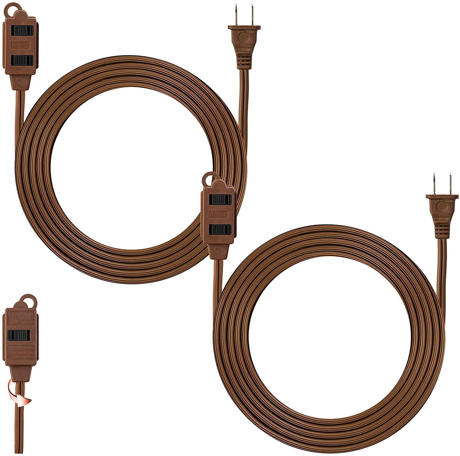 6 Feet Brown Extension Cord, 3 Outlet, 2 Prong, 16 Gauge Cable, Heavy Duty, Indoor use, (2 Pack) - by Revpex