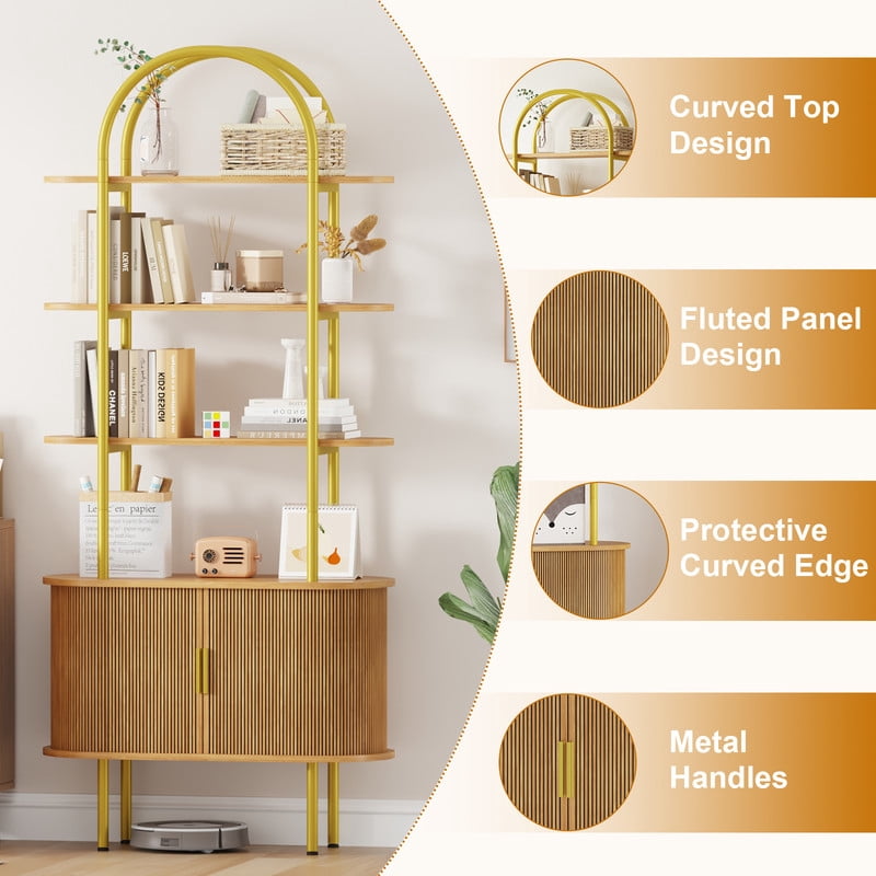 71" Tall Fluted Arched Bookshelf with Sliding Doors, Mid Century Modern Metal Curved Bookshelf Cabinet with Storage and Adjustable Footpad, 4-Tier Open Display Storage Shelf for Home, Living Room