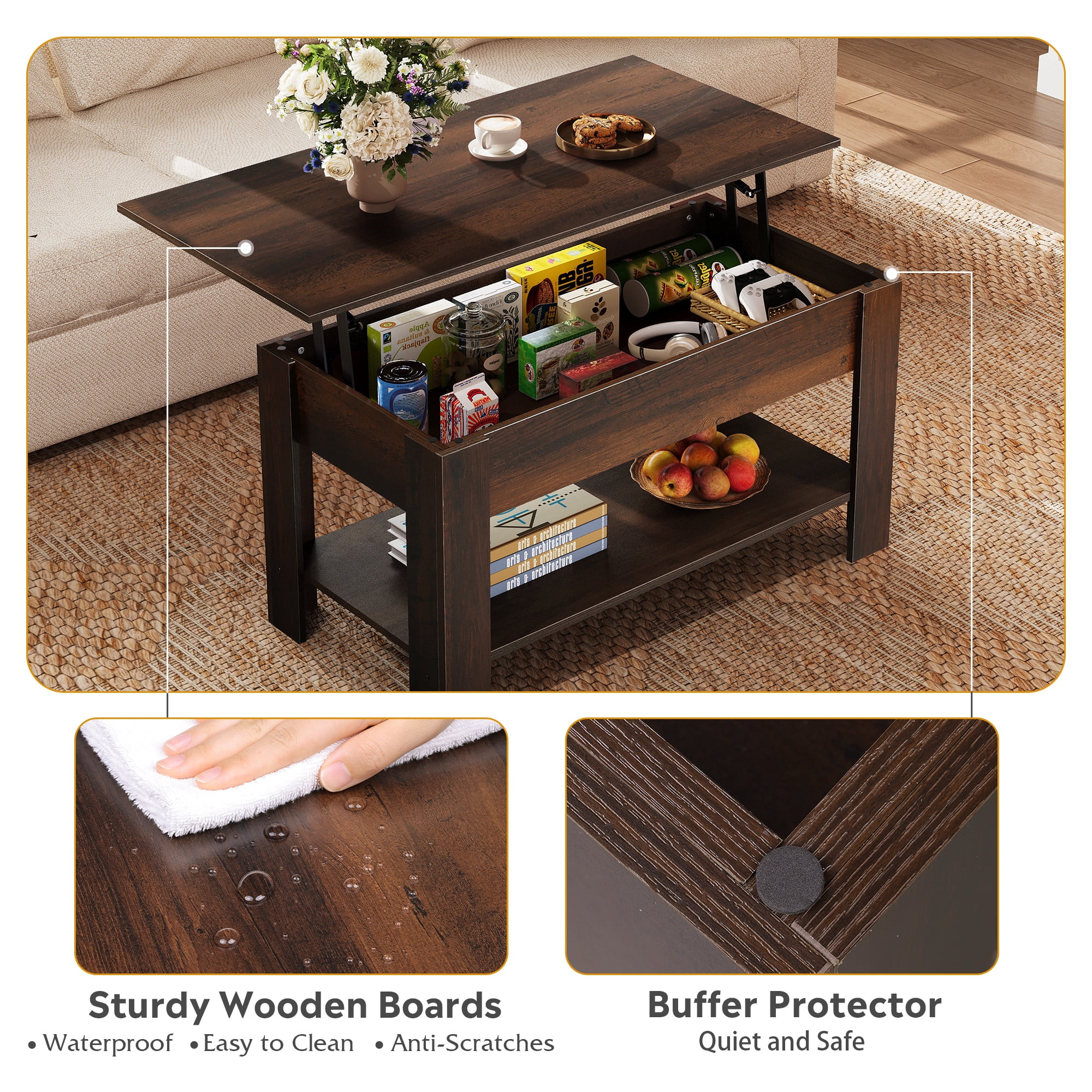 GALAXHERO 39" Lift Top Coffee Table with Storage Shelf & Hidden Compartment and Lifting Top for Home Living Room Office and Reception Room Espresso