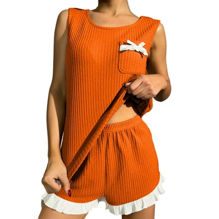 

Woobling Women Loungwear Waffle Nightwear 2 Piece Outfits Sleepwear Ladies Loose Fit Summer Pjs Orange 2XL