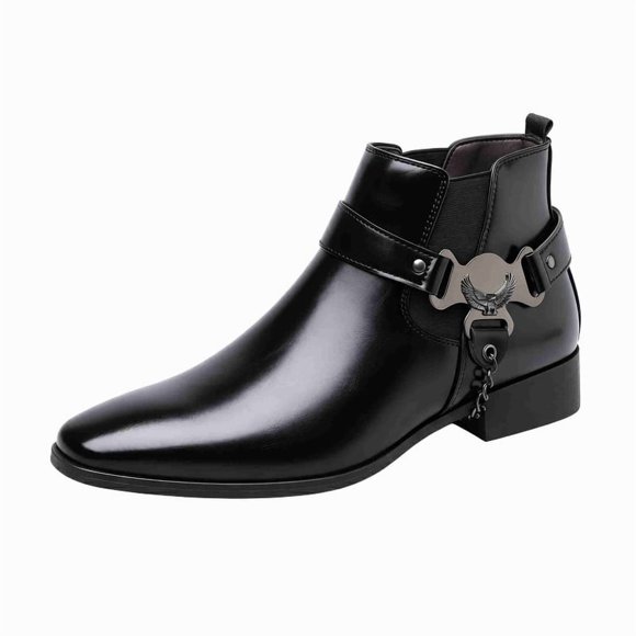 Men's Eagle Metal Buckle Chelsea Boots, Pointed Toe PU Leather Side-Zip Ankle Boots, Punk Rock Style Chain-Decorated Boots for Daily, Party, Performance Wear