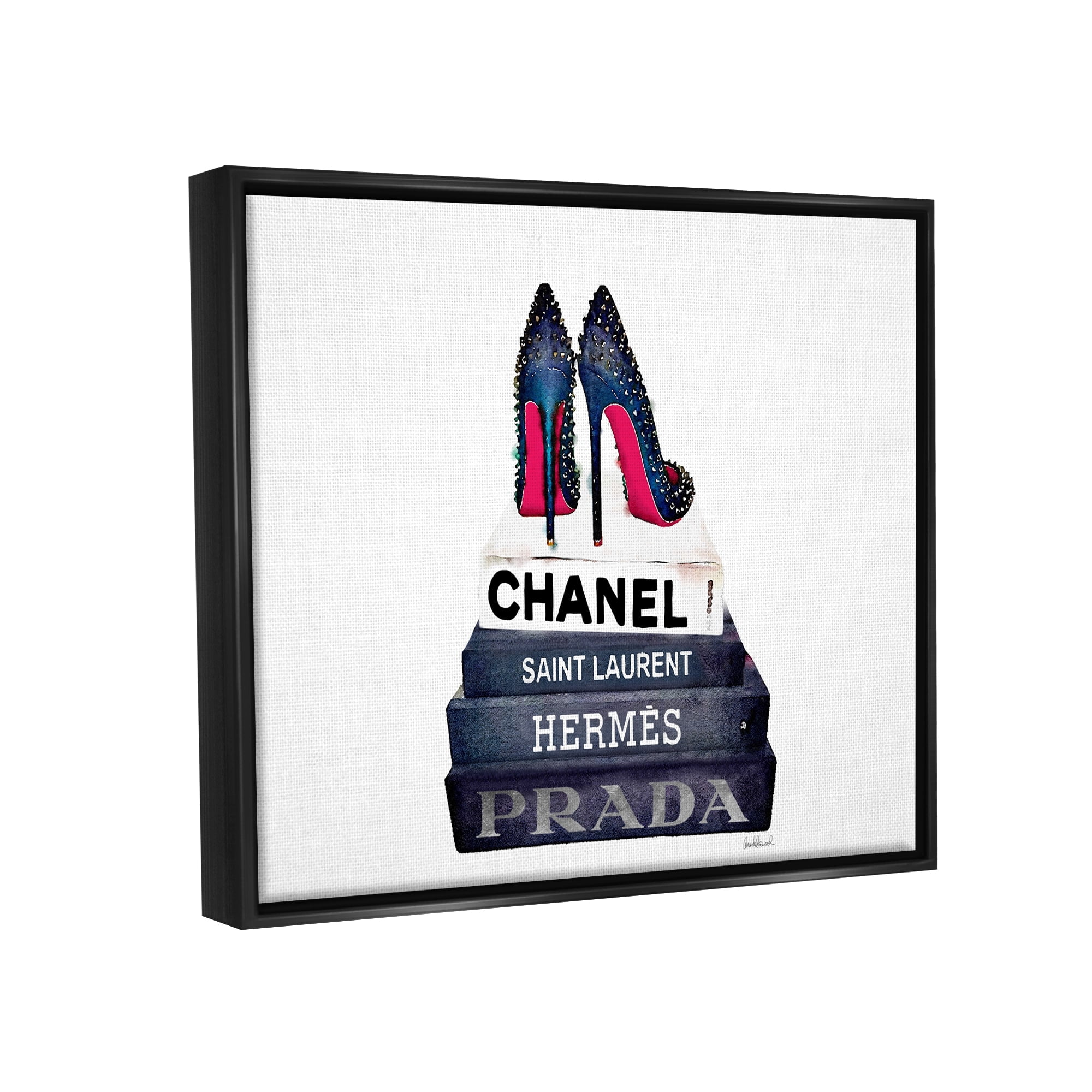 Stupell Industries Glam Fashion Book Set BW Stud Pump Heels Jet Black Framed Floating Canvas Wall Art, 16x20, by Amanda Greenwood