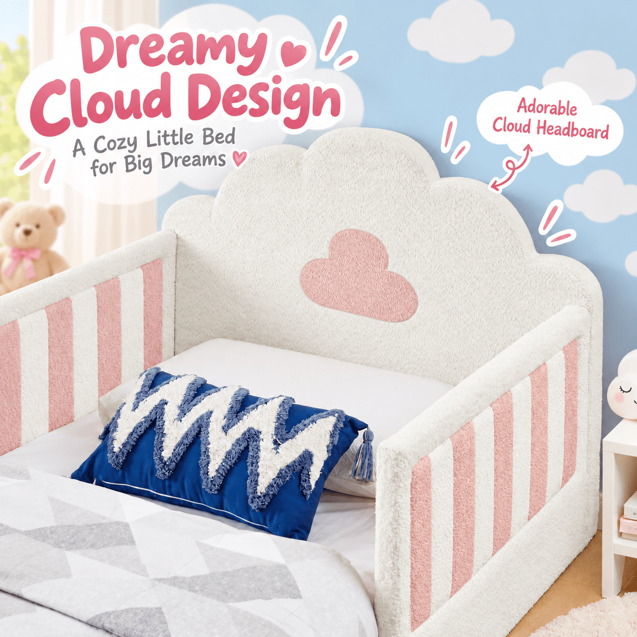 Wakefit Twin Size Kids Cloud Bed with Safety Guardrails,Boucle Upholstered Platform Bed Frame with Wood Slats,Cute Daybed for Girls Boys Bedroom,White