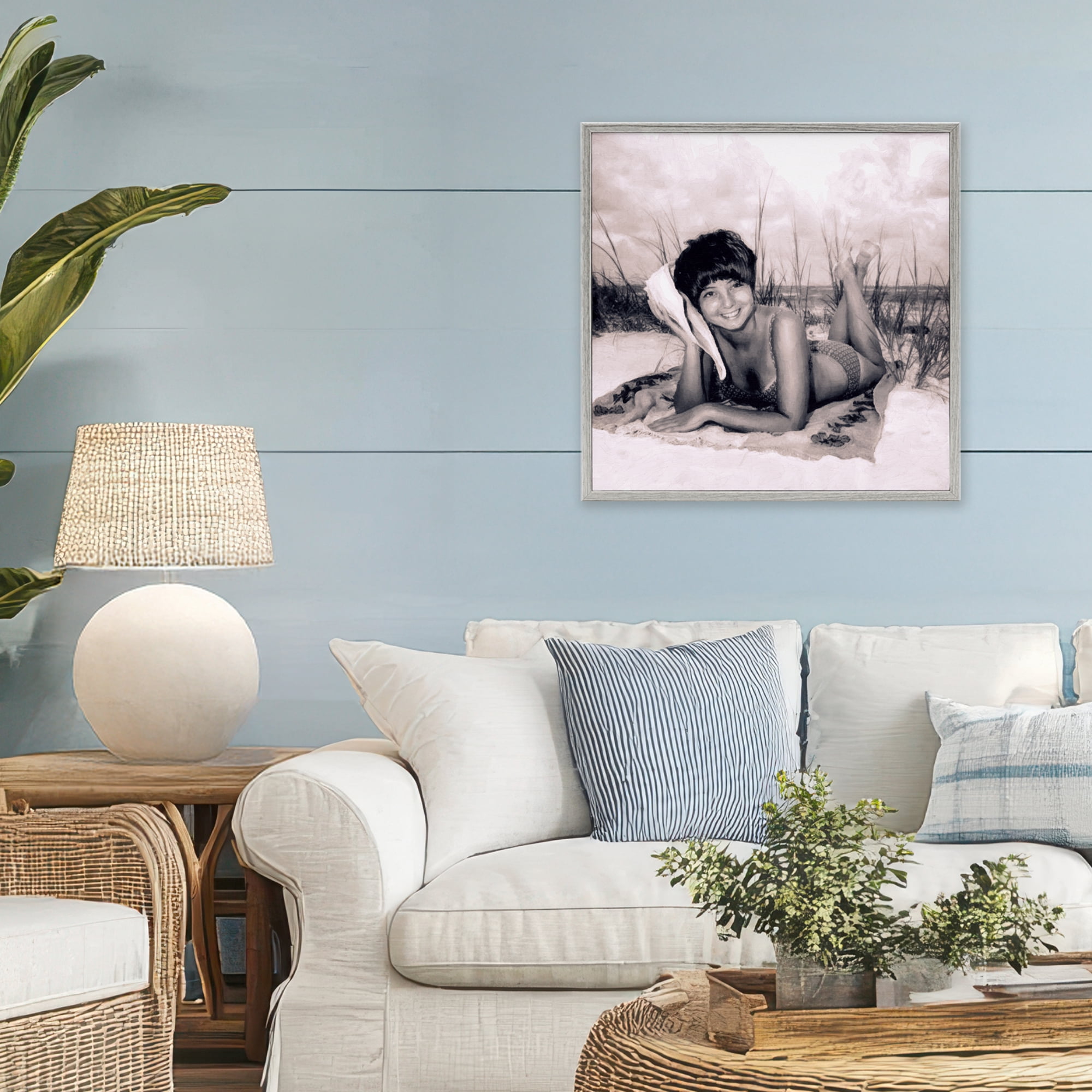 Stupell Industries Vintage Summer Girl with Conch Gray Framed Giclee Art, design by Grotto Studios