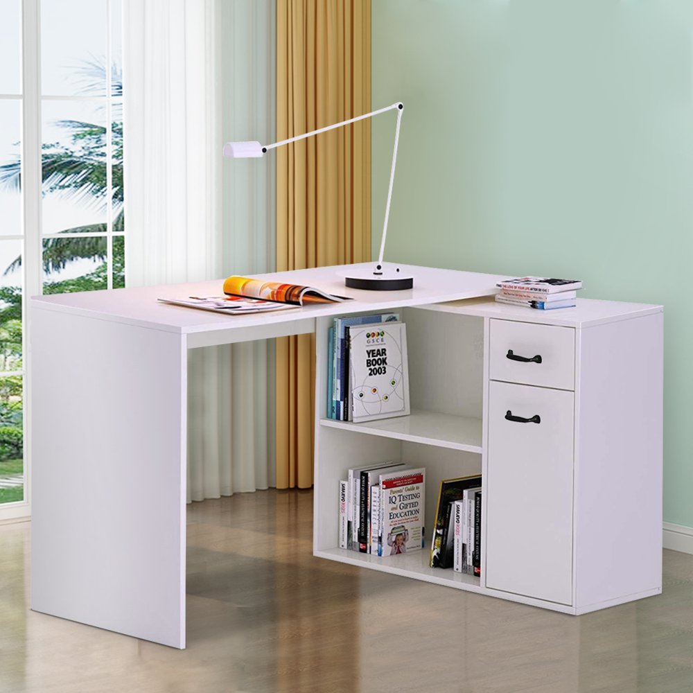 180 Rotating L Shaped Desk Corner Computer Desk w/ 2 Open Bookshelves