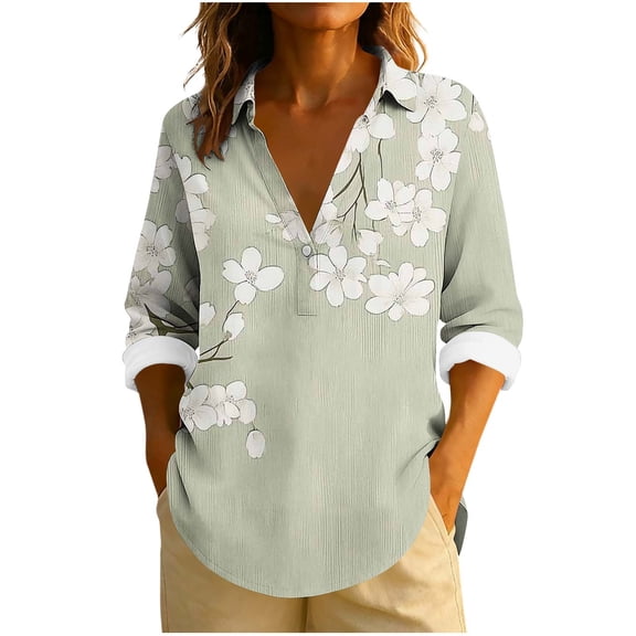 Giftesty Women's Loose Fit Multi-Color Turn-Down Collar Long Sleeve Casual Stylish Unpositioned Print Button Detail T-Shirt Top
