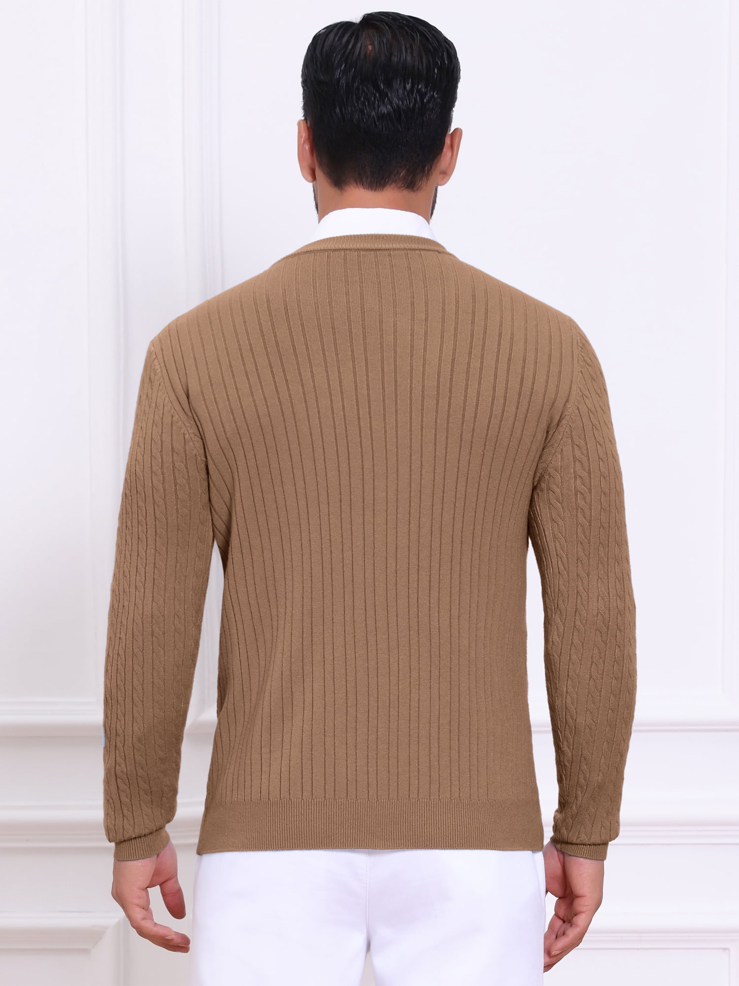 DARING DIVA Men's Crew Neck Long Sleeve Soft Cable Knit Pullover Sweater M Brown