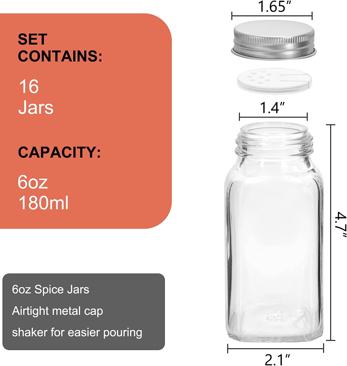 DHSBTLS 6oz Glass Spice Jars with Labels 30 Pcs, Empty Square Spice Bottles  with Shaker Lids and Airtight Metal Caps,Chalkboard Marker and Silicone