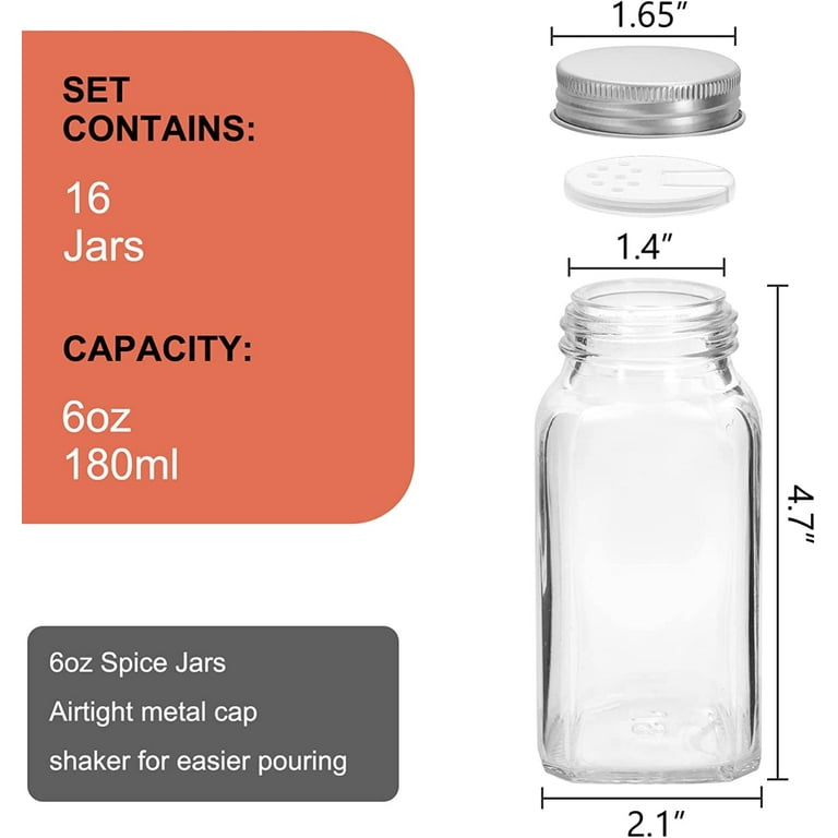 16 Pack 4 oz Glass Spice & Salts Jars Bottles, Clear Square Glass Seasoning  Jars With Aluminum Silver Metal Caps and Pour/Sift Shaker Lid. 1 Pen,40
