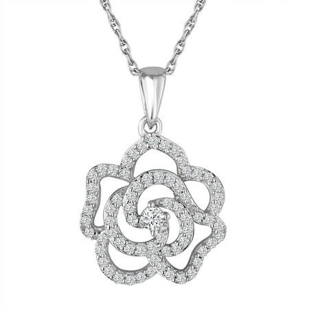 Simulated Diamond Sterling Silver Rose Pendant, 18