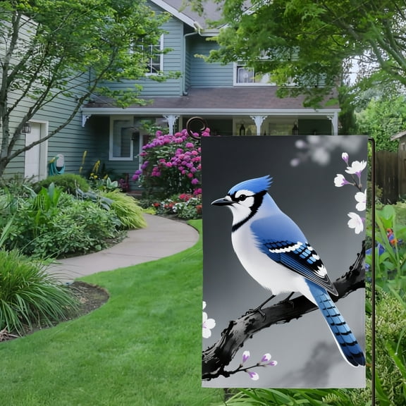 Spring Summer Garden Flag Double Sided Black and White Flowers and Blue Bird Welcome Yard House Outside Outdoor Decoration,12*18 inch
