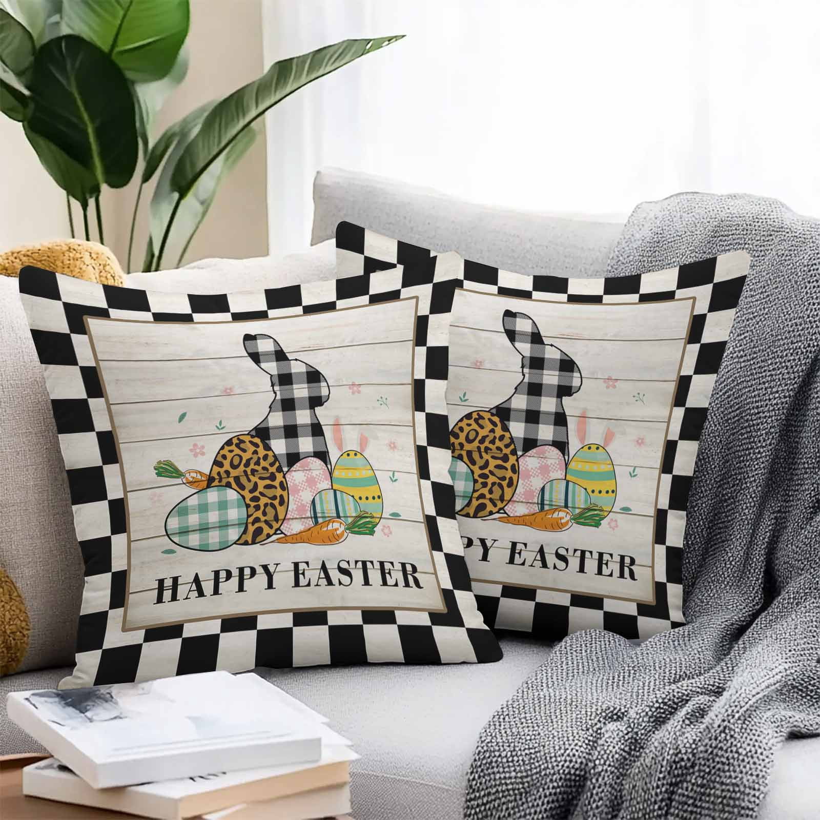 Outdoor Throw Pillows Covers 18X18 Set of 2 Waterproof Happy Easter Decorative Zippered Cushion Covers for Patio Furniture, Vintage Farm Check Plaid Rabbits Eggs Lumbar Pillowcases