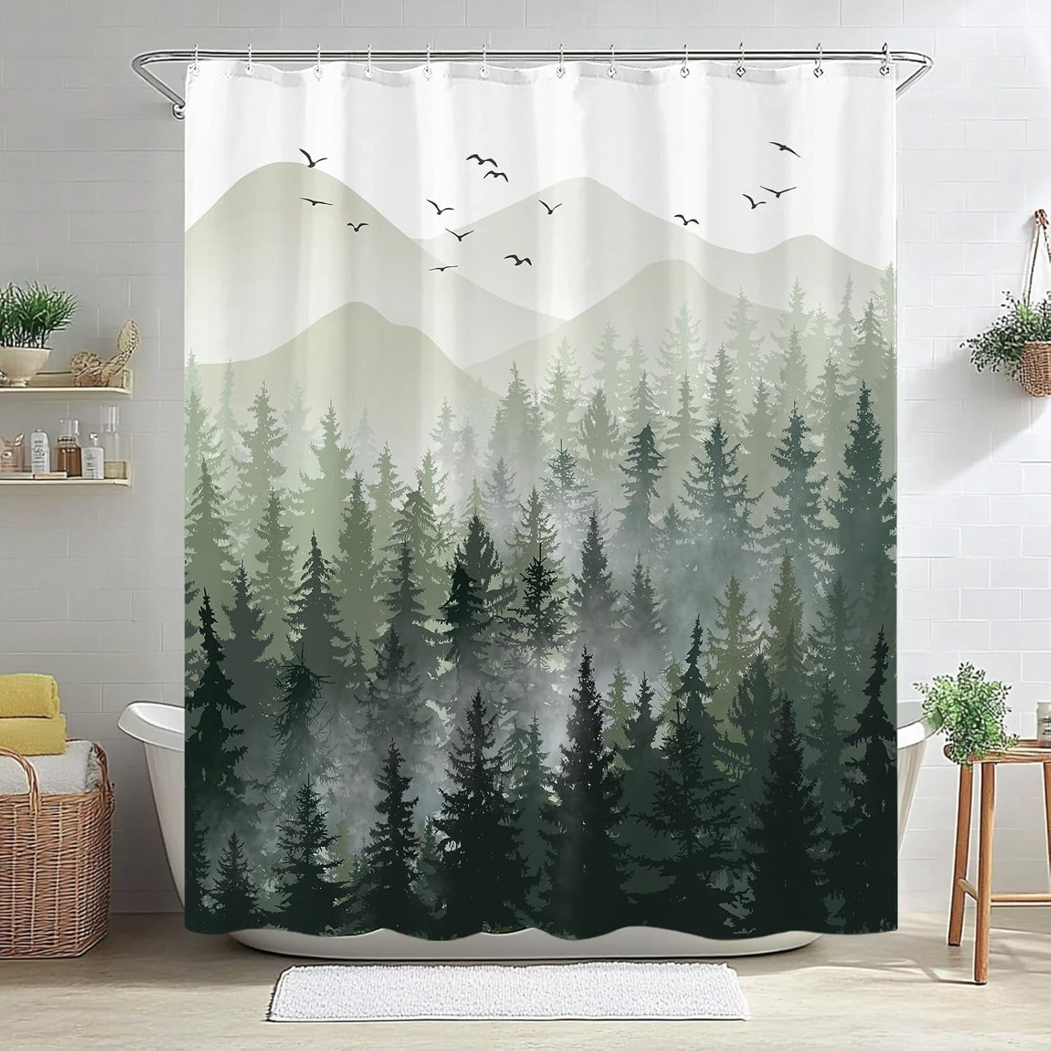 Green Misty Forest Shower Curtain Ombre Sage Green White Mountain Pine Tree Waterproof Fabric Shower Curtains for Bathroom Nature Woodland Decorative Modern Bath Curtain Decor 72×72 Inches